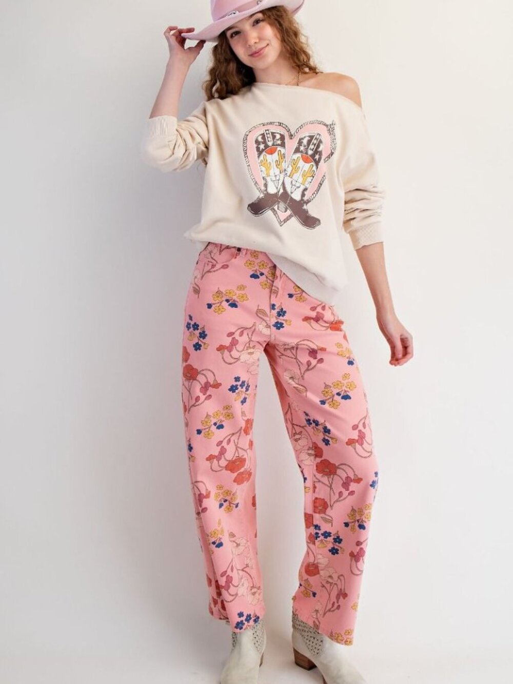 EASEL FLORAL PRINTED WASHED STRETCH TWILL PANTS 75%COTTON 23%POLY 2%SPAN